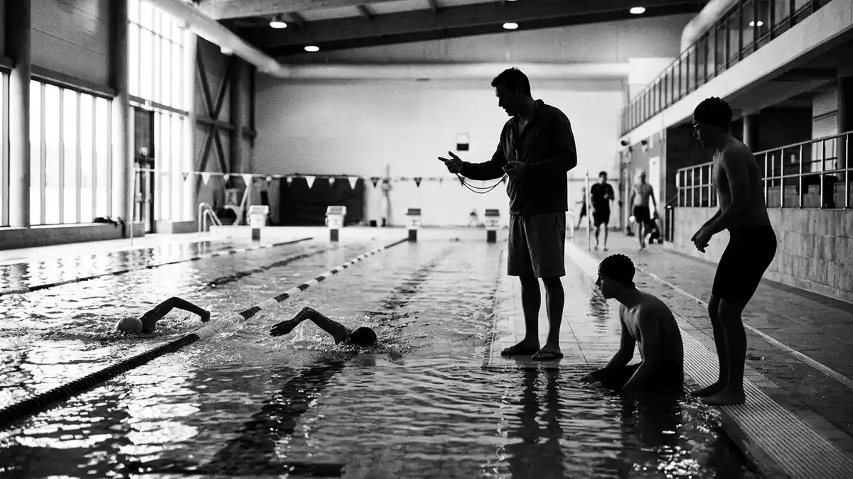Schwarzweiss-Reportagebild mit Jammer Schwimmhose in dokumentarischer Arbeitsumgebung