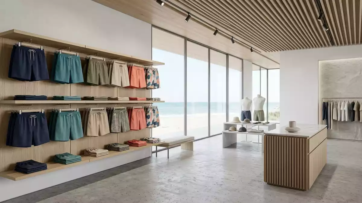 Architektur-Render im Bademodenladen mit Badeshorts im Ausstellungsbereich, neutral