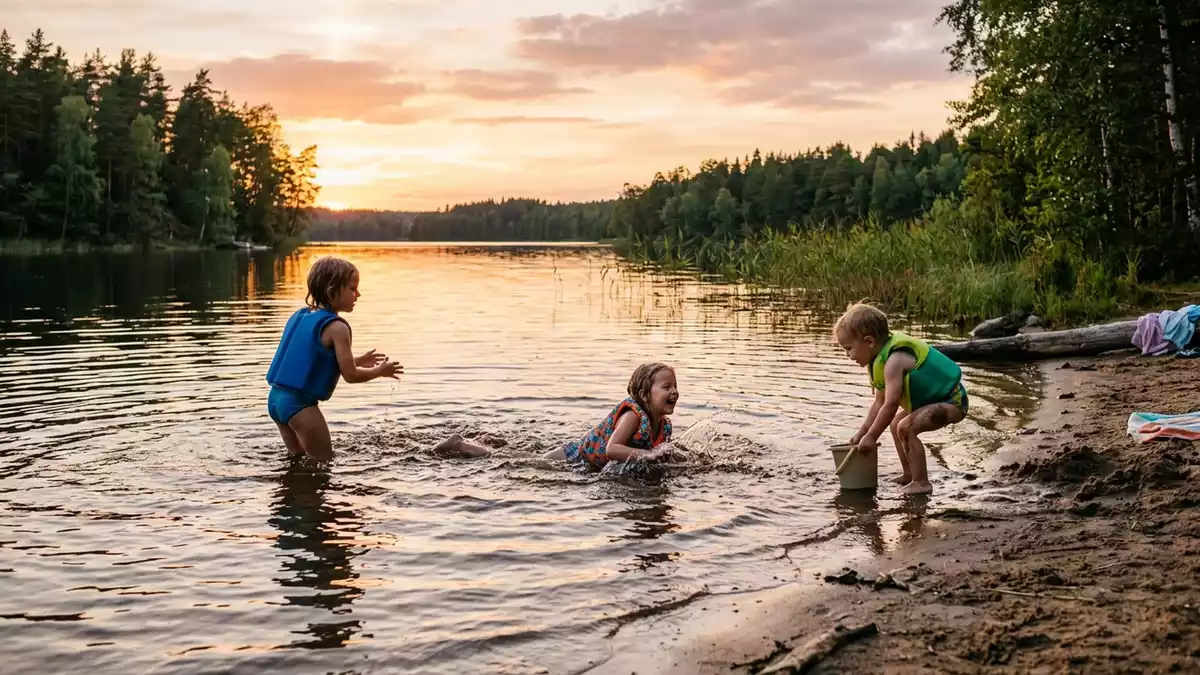 Fotorealistische Ansicht von Kinder Schwimmanzug am Seeufer in warmem Abendlicht