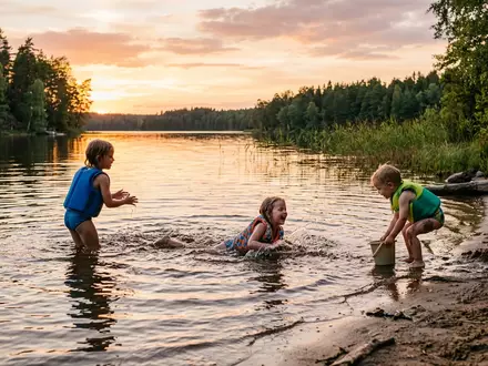 Fotorealistische Aufnahme von Kinder Schwimmanzug am Seeufer zum Thema Speedo Kinder Seasquad Float, warmes Abendlicht - Foto: THN