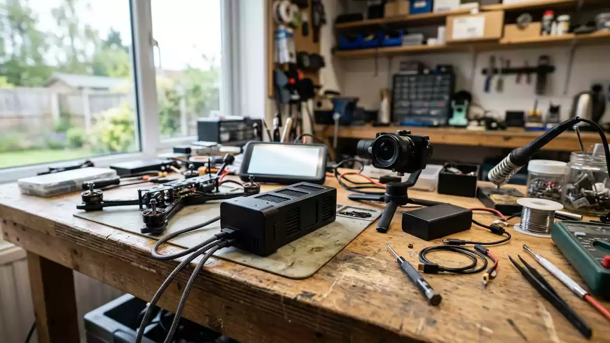 Fotorealistische Ansicht von Drohnenakku an der Werkbank in realer Umgebung, neutral