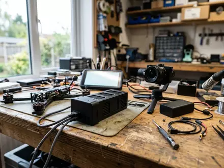 Fotorealistische Aufnahme von Drohnenakku an der Werkbank zum Thema DJI Intelligent Flight Battery, natuerliches Licht - Foto: THN