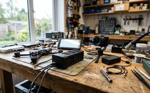 Fotorealistische Aufnahme von Drohnenakku an der Werkbank zum Thema DJI Intelligent Flight Battery, natuerliches Licht - Foto: THN