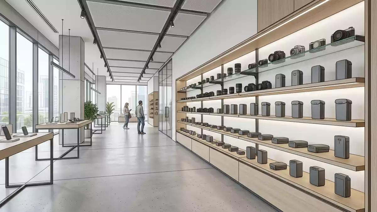 Architektur-Render im Elektronikgeschaeft mit Drohnenakku im Ausstellungsbereich