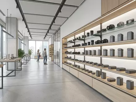 Architektur-Render im Elektronikgeschaeft mit Drohnenakku zum Thema DJI Intelligent Flight Battery, neutrales Tageslicht - Foto: THN