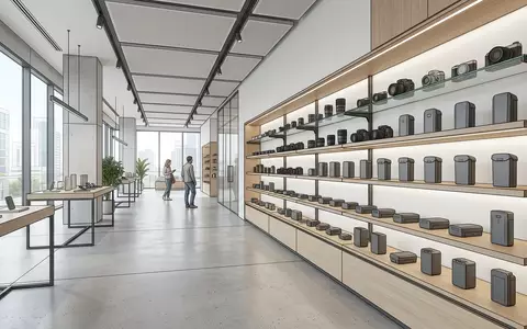 Architektur-Render im Elektronikgeschaeft mit Drohnenakku zum Thema DJI Intelligent Flight Battery, neutrales Tageslicht - Foto: THN