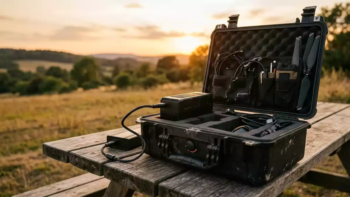 Fotorealistische Ansicht von Drohnenakku in der Tasche in warmem Abendlicht, neutral