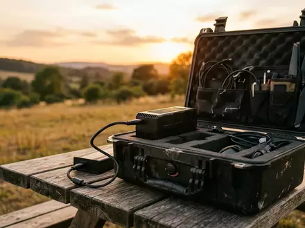 Fotorealistische Aufnahme von Drohnenakku in der Tasche zum Thema DJI Intelligent Flight Battery, warmes Abendlicht - Foto: THN