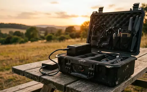 Fotorealistische Aufnahme von Drohnenakku in der Tasche zum Thema DJI Intelligent Flight Battery, warmes Abendlicht - Foto: THN