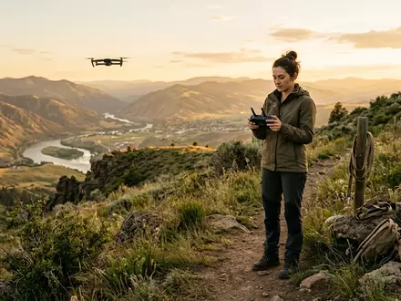 Fotorealistische Aufnahme von Drohnensteuerung am Aussichtspunkt zum Thema DJI RC 2 Fernsteuerung, warmes Abendlicht - Foto: THN