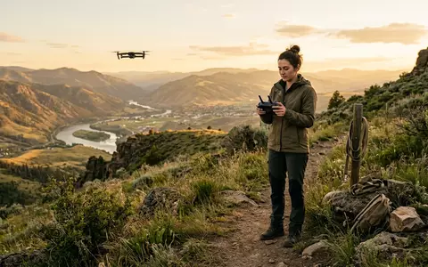 Fotorealistische Aufnahme von Drohnensteuerung am Aussichtspunkt zum Thema DJI RC 2 Fernsteuerung, warmes Abendlicht - Foto: THN