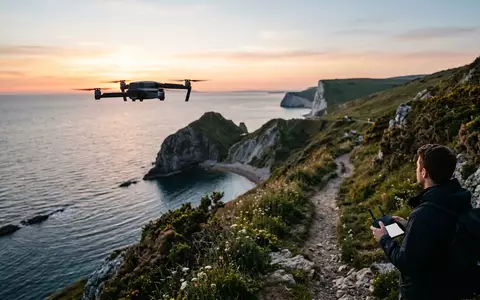 Fotorealistische Aufnahme von Kameradrohne an der Kueste zum Thema DJI Flip, natuerliches Licht - Foto: THN
