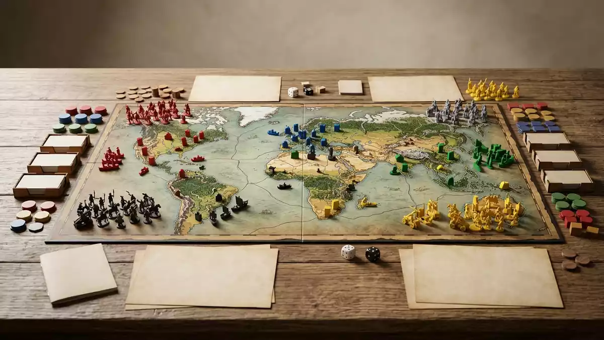 Fotorealistische Studioansicht von Strategiespiel in neutraler Produktdarstellung