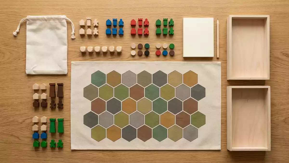 Flatlay-Arrangement rund um Strategiespiel mit passenden Requisiten von oben, neutral