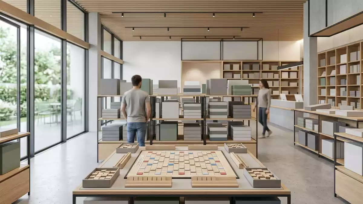 Architektur-Render im Spielzeuggeschaeft mit Wortspiel im Ausstellungsbereich, neutral