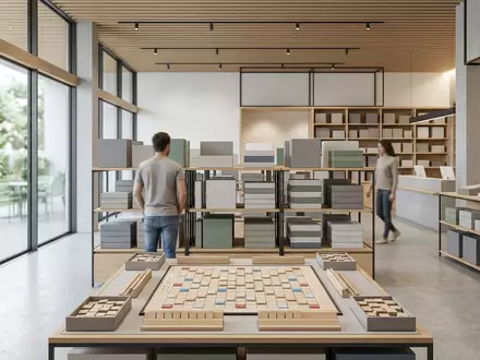 Architektur-Render im Spielzeuggeschaeft mit Wortspiel zum Thema Scrabble Original Brettspiel, neutrales Tageslicht - Foto: THN