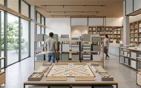 Architektur-Render im Spielzeuggeschaeft mit Wortspiel zum Thema Scrabble Original Brettspiel, neutrales Tageslicht - Foto: THN