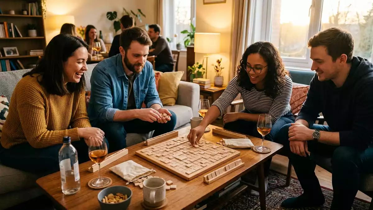 Fotorealistische Ansicht von Wortspiel am Couchtisch in warmem Abendlicht, neutral