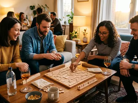 Fotorealistische Aufnahme von Wortspiel am Couchtisch zum Thema Scrabble Original Brettspiel, warmes Abendlicht - Foto: THN