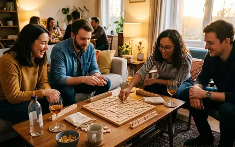 Fotorealistische Aufnahme von Wortspiel am Couchtisch zum Thema Scrabble Original Brettspiel, warmes Abendlicht - Foto: THN
