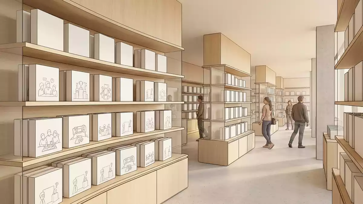 Architektur-Render im Spielzeuggeschaeft mit Quizspiel im Ausstellungsbereich, neutral