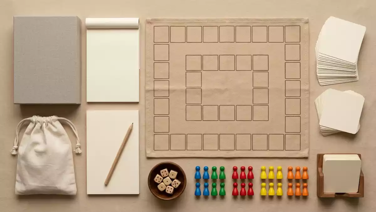 Flatlay-Arrangement rund um Quizspiel mit passenden Requisiten von oben, neutral