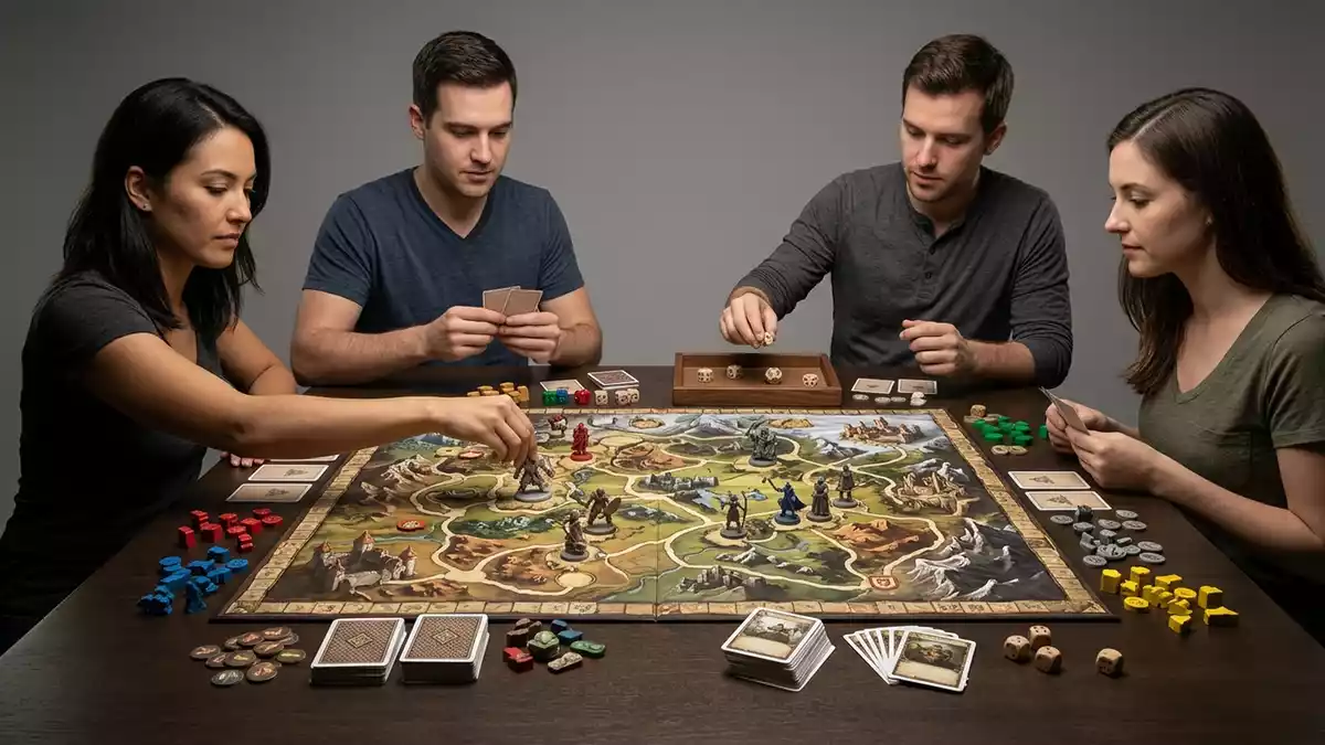 Fotorealistische Studioansicht von Brettspiel in neutraler Produktdarstellung, neutral