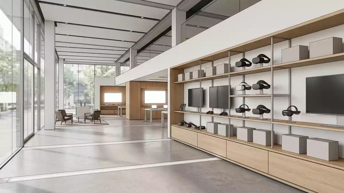 Architektur-Render im Technikfachgeschaeft mit VR-Headset im Ausstellungsbereich