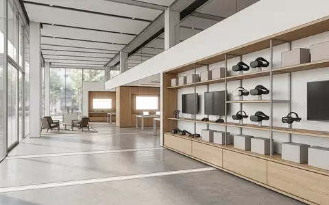 Architektur-Render im Technikfachgeschaeft mit VR-Headset zum Thema Apple Vision Pro 256GB, neutrales Tageslicht - Foto: THN