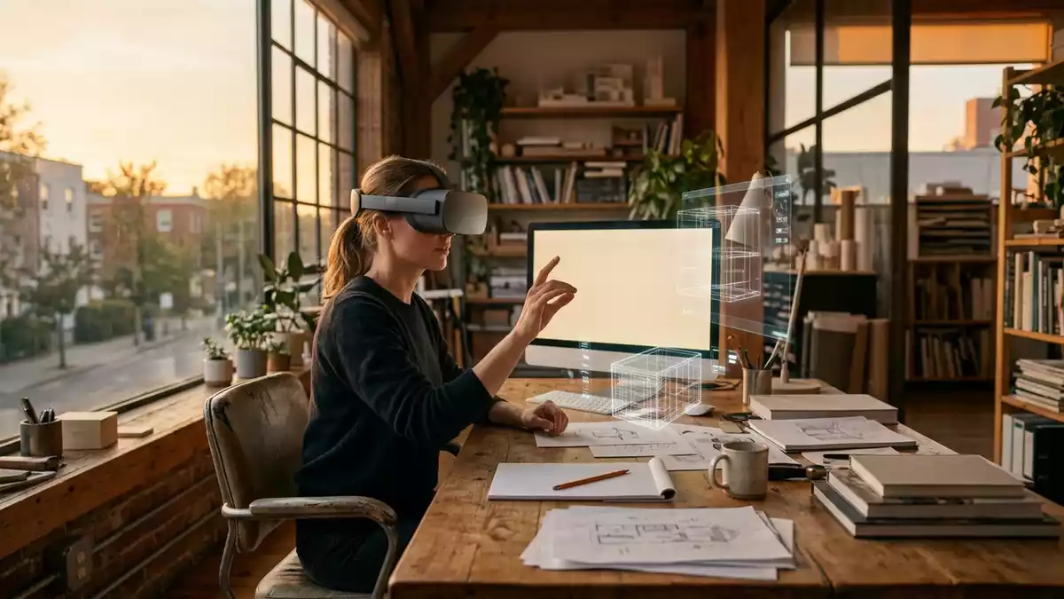 Fotorealistische Ansicht von VR-Headset im Studio in warmem Abendlicht, neutral
