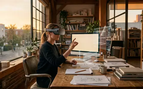 Fotorealistische Aufnahme von VR-Headset im Studio zum Thema Apple Vision Pro 256GB, warmes Abendlicht - Foto: THN