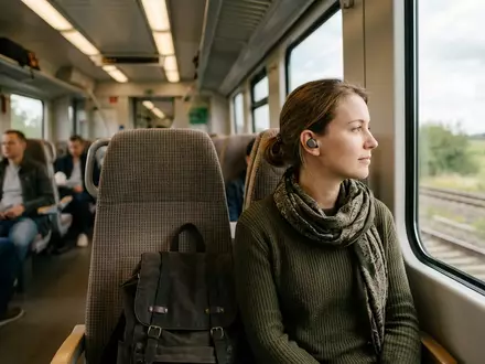 Fotorealistische Aufnahme von Kabellose Ohrhoerer im Zug zum Thema Apple AirPods 4 mit, natuerliches Licht - Foto: THN