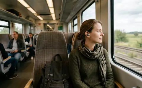 Fotorealistische Aufnahme von Kabellose Ohrhoerer im Zug zum Thema Apple AirPods 4 mit, natuerliches Licht - Foto: THN