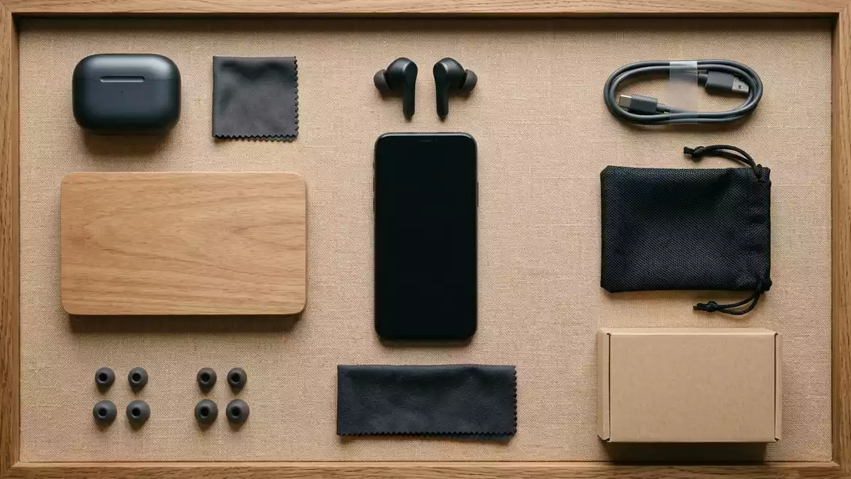 Flatlay-Arrangement rund um Kabellose Ohrhoerer mit passenden Requisiten von oben