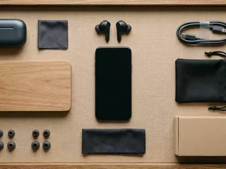 Flatlay-Arrangement rund um Kabellose Ohrhoerer zum Thema Apple AirPods Pro 2, weiches Oberlicht - Foto: THN