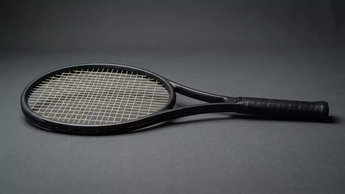 Fotorealistische Studioansicht von Tennisschlaeger in neutraler Produktdarstellung