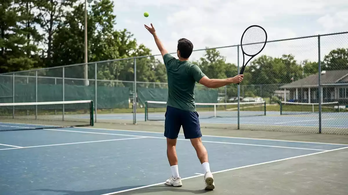 Fotorealistische Ansicht von Tennisschlaeger auf dem Tennisplatz in realer Umgebung