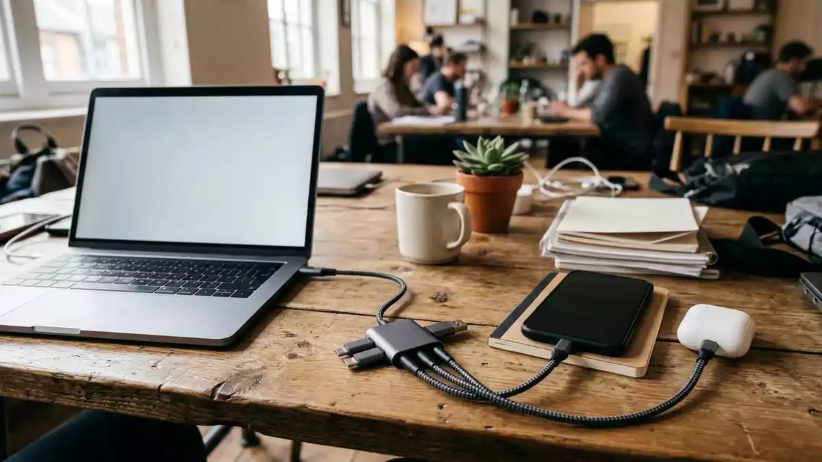 Fotorealistische Ansicht von Adapterkabel im Buero in realer Umgebung, neutral