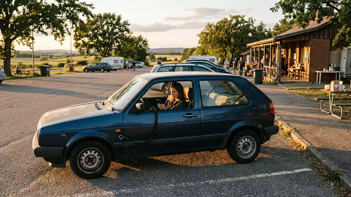 Fotorealistische Ansicht von Autoladekabel am Rastplatz in warmem Abendlicht, neutral