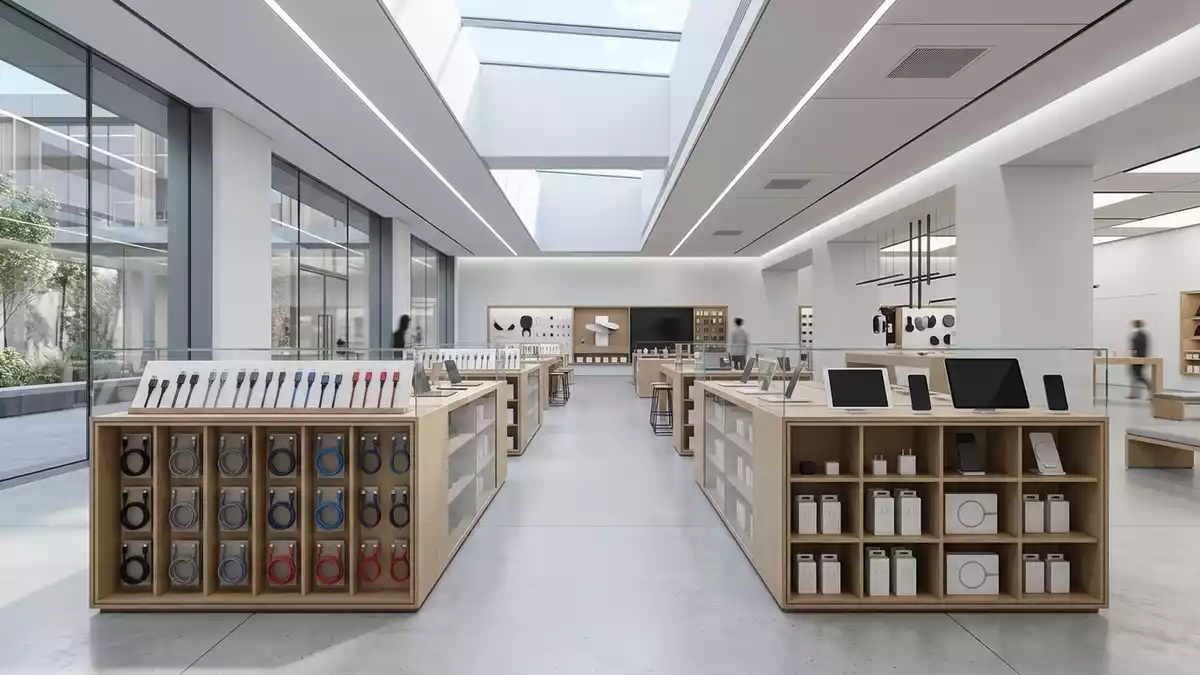 Architektur-Render im Elektronikgeschaeft mit Ladekabel im Ausstellungsbereich