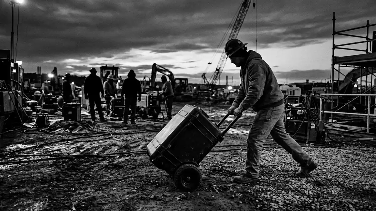 Schwarzweiss-Reportagebild mit Tragbare Powerstation in dokumentarischer Arbeitsumgebung