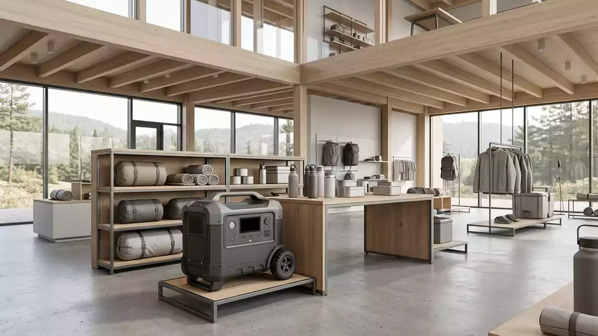 Architektur-Render im Outdoorfachgeschaeft mit Tragbare Powerstation im Ausstellungsbereich