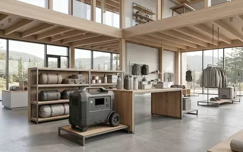 Architektur-Render im Outdoorfachgeschaeft mit Tragbare Powerstation zum Thema Anker SOLIX F3800 Powerstation, neutrales Tageslicht - Foto: THN
