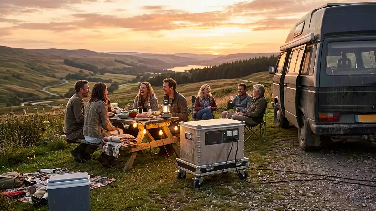 Fotorealistische Ansicht von Tragbare Powerstation beim Abendpicknick in warmem
