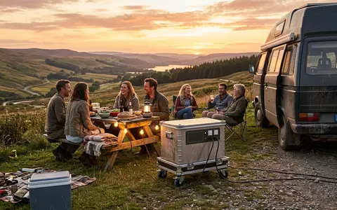 Fotorealistische Aufnahme von Tragbare Powerstation beim Abendpicknick zum Thema Anker SOLIX F3800 Powerstation, warmes Abendlicht - Foto: THN