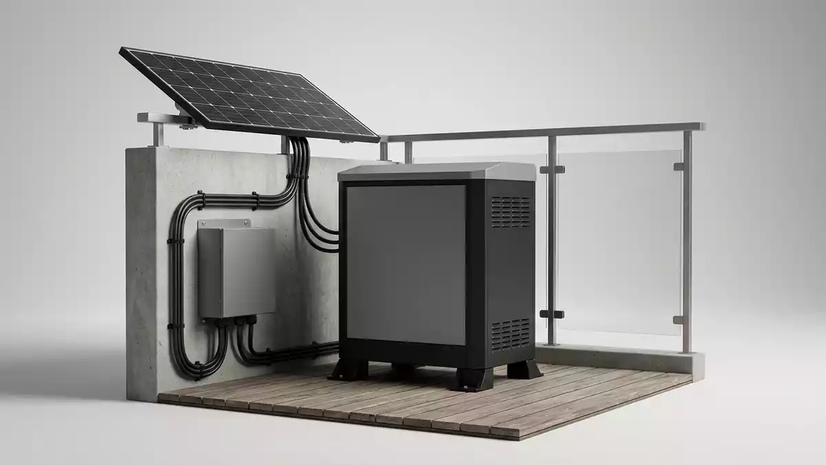Fotorealistische Studioansicht von Balkonsolarspeicher in neutraler Produktdarstellung