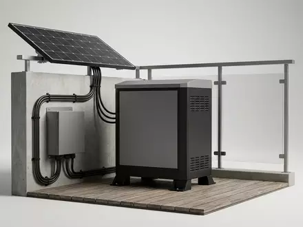 Fotorealistische Studioaufnahme von Balkonsolarspeicher zum Thema Anker SOLIX Solarbank 2, klare Lichtfuehrung - Foto: THN