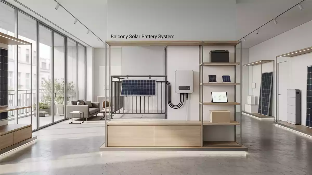 Architektur-Render im Energiefachgeschaeft mit Balkonsolarspeicher im Ausstellungsbereich