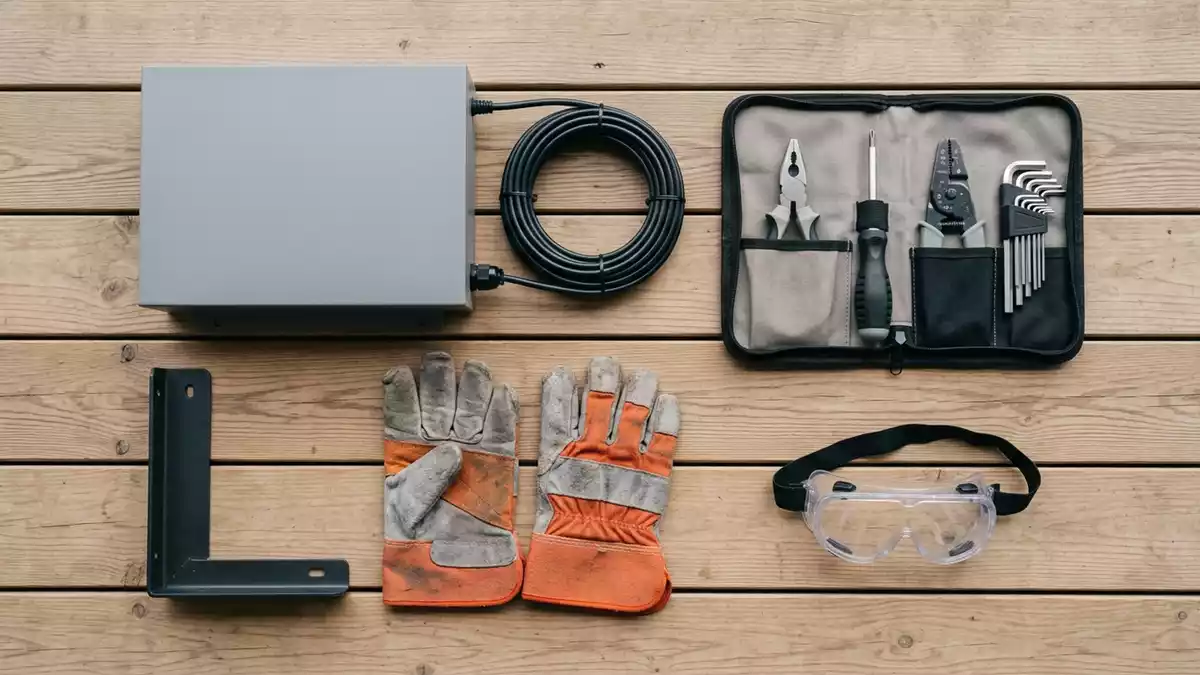 Flatlay-Arrangement rund um Balkonsolarspeicher mit passenden Requisiten von oben