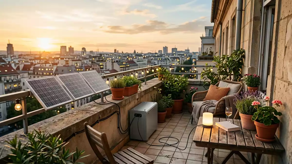 Fotorealistische Ansicht von Balkonsolarspeicher am Abendbalkon in warmem Abendlicht